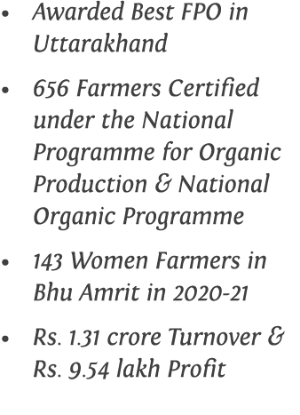 Awarded Best FPO in Uttarakhand 656 Farmers Certified under the National Programme for Organic Production & National    